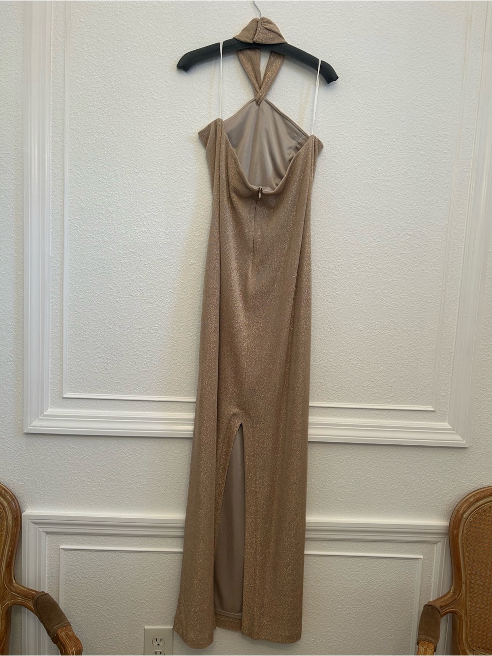Cashe’ size 12 Elegant Metallic Tan Halter Gown - Picture 2 of 3
